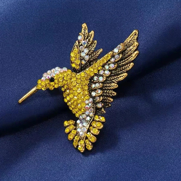 Anthropologie Jewelry - Hummingbird Gold Crystal Pin Brooch